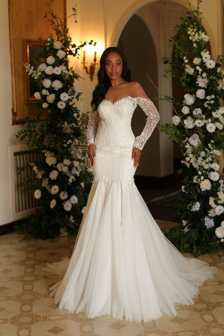 Ivory Mermaid Wedding Dress With Long Lace Tulle Sleeves