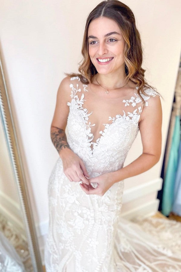Vestido de Noiva Elegante Longo Cauda de Sereia com Decote Bateau, Rendas e Costas Descobertas
