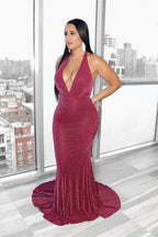 Vestido largo elegante de sirena con cuello halter sin mangas y escote en V para fiesta