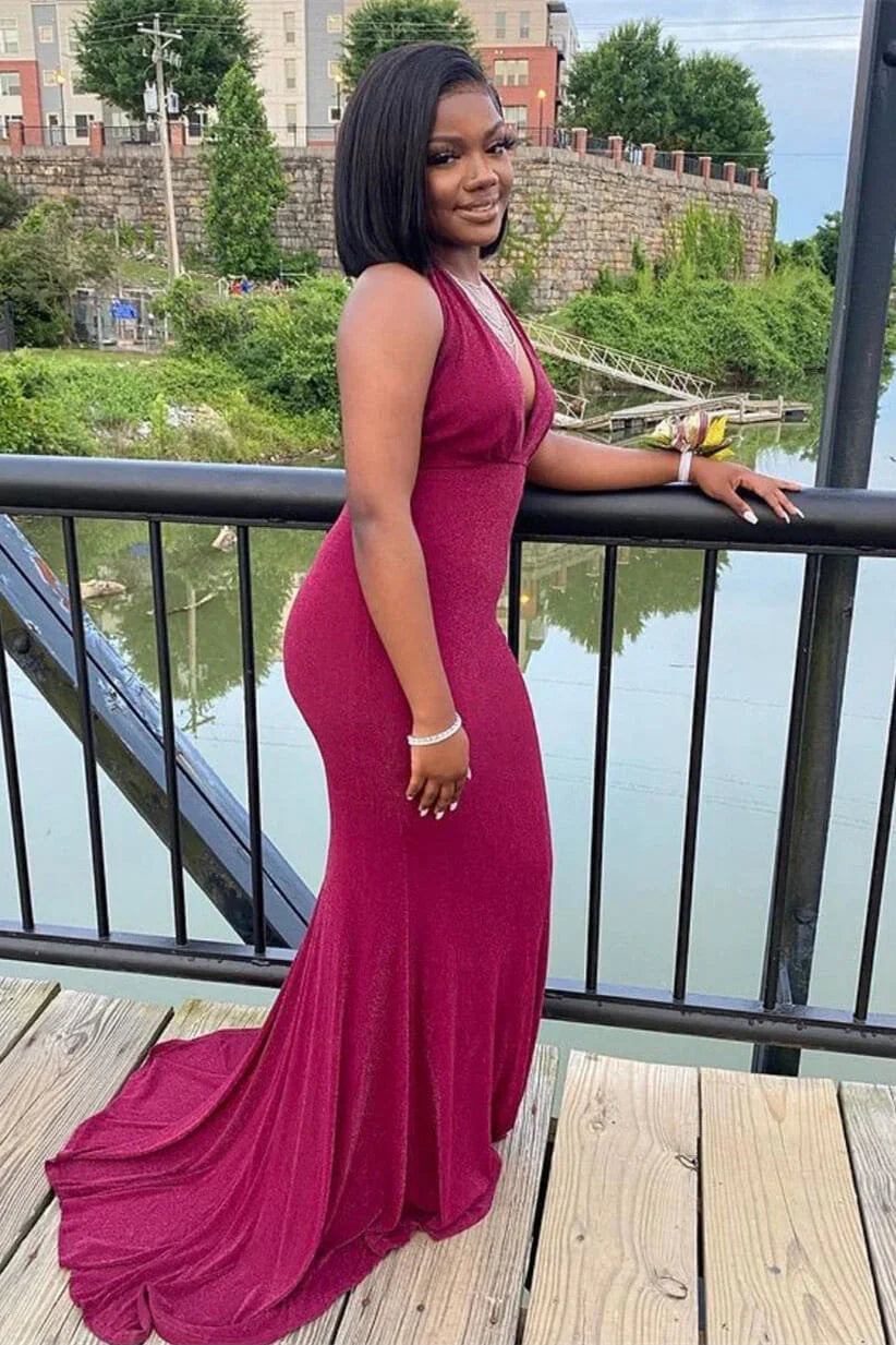 Vestido largo elegante de sirena con cuello halter sin mangas y escote en V para fiesta