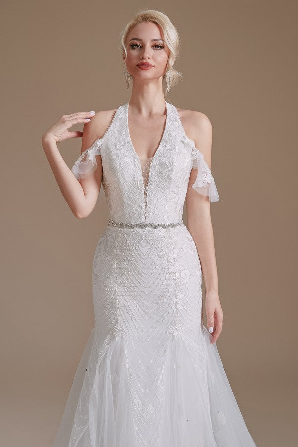 Elegante vestido de novia largo de sirena con cuello halter de tul hasta el suelo con apliques de encaje