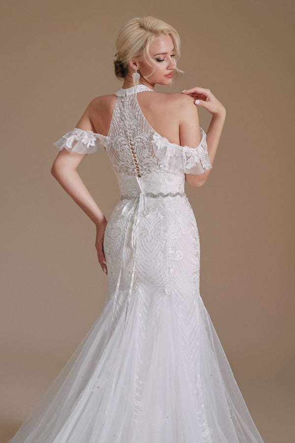 Elegante vestido de novia largo de sirena con cuello halter de tul hasta el suelo con apliques de encaje