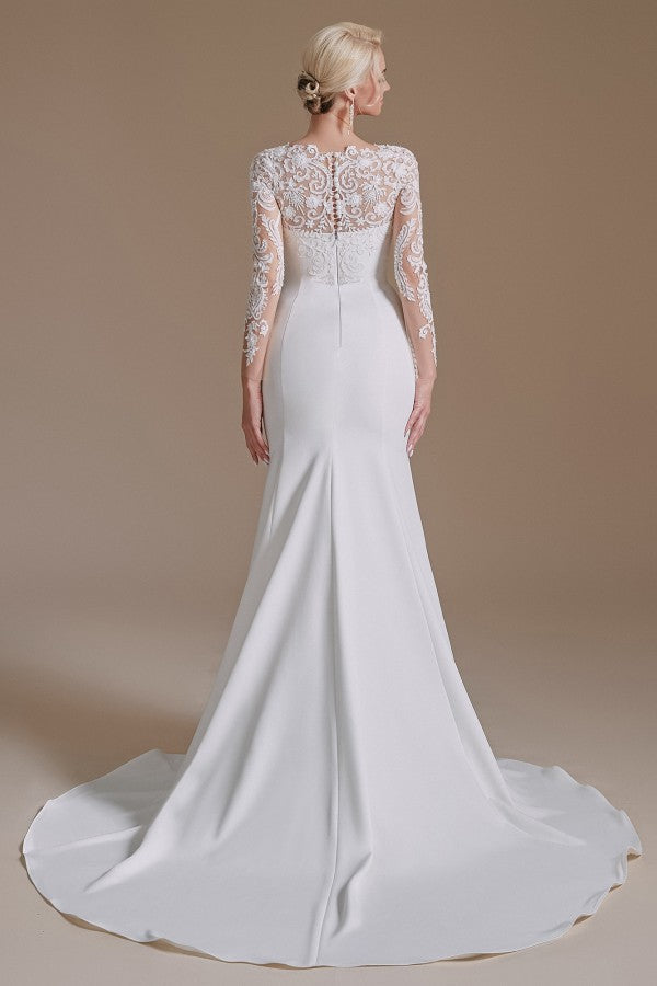 Elegantes langes Meerjungfrau-Brautkleid aus Satin mit Juwelenspitze und Ärmeln