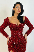 Vestido de Baile Elegante Longo Sereia com Mangas Compridas e Lantejoulas com Fenda