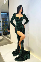 Vestido de Baile Elegante Longo Sereia com Mangas Compridas e Lantejoulas com Fenda