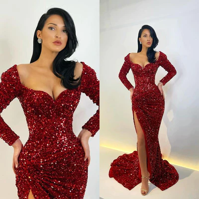 Vestido de Baile Elegante Longo Sereia com Mangas Compridas e Lantejoulas com Fenda
