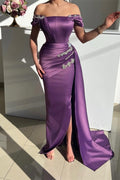 Vestido de Baile Elegante Longo Sereia em Cetim com Bordados e Decote Ombro a Ombro com Fenda