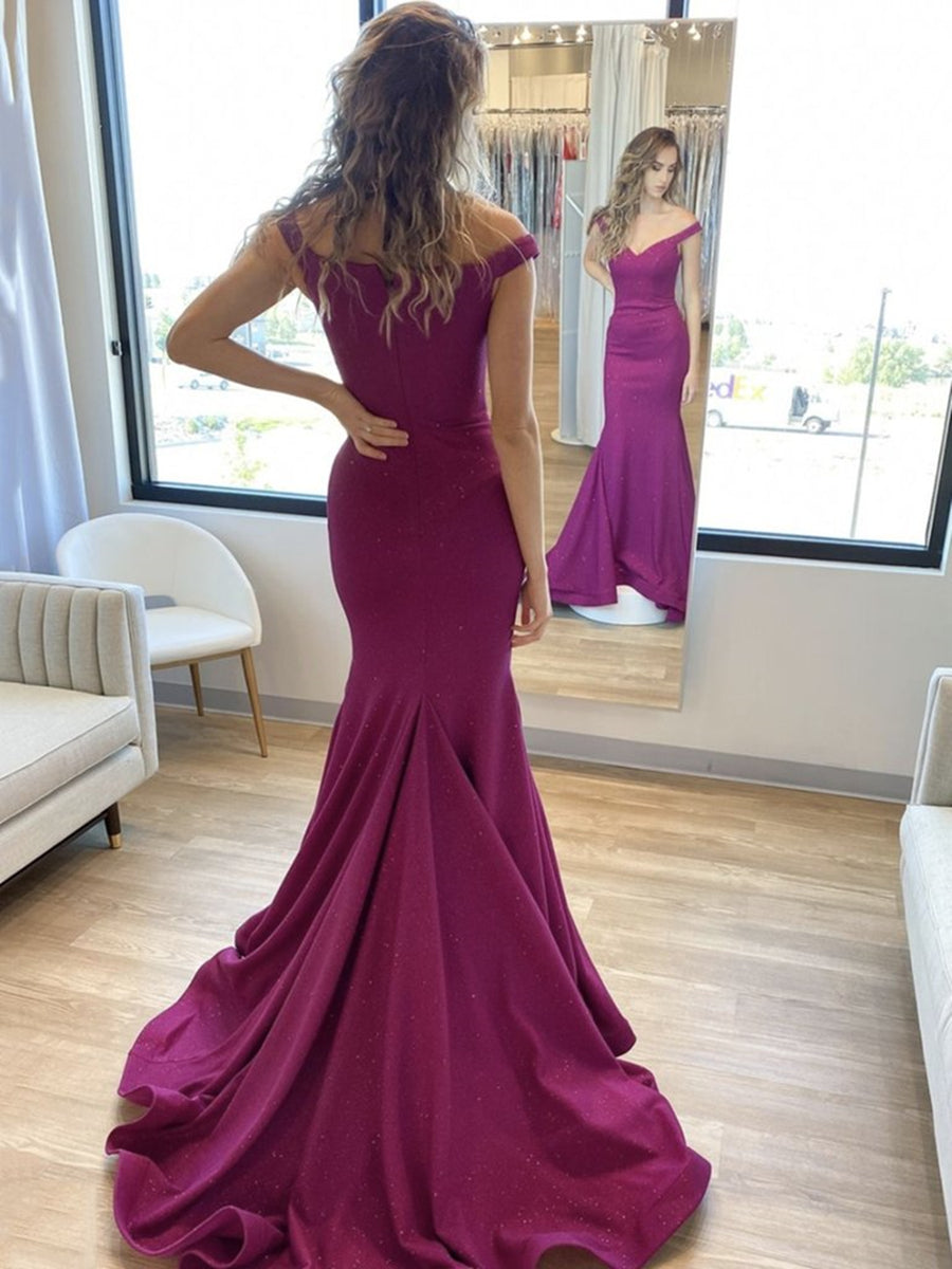 Elegante lange Meerjungfrau schulterfreie Satin Abschlussballkleider