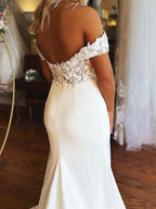Elegante lange Meerjungfrau-Brautkleider mit schulterfreiem Satin und Spitze