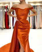 Robe de bal longue élégante sirène en satin extensible décolletée avec fente