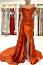 Robe de bal longue élégante sirène en satin extensible décolletée avec fente