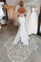 Abiti da sposa lunghi eleganti a sirena con scollo a barca e pizzo