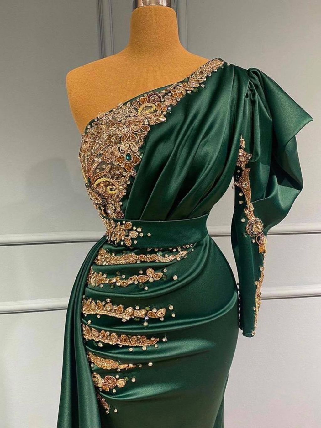 Robe de bal longue élégante sirène à une épaule vert foncé
