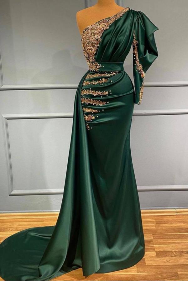 Robe de bal longue élégante sirène à une épaule vert foncé