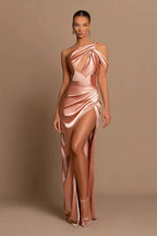 Vestido Formal Elegante Longo Sereia de Cetim com Um Ombro e Fenda