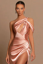 Vestido Formal Elegante Longo Sereia de Cetim com Um Ombro e Fenda