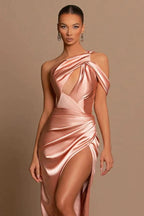 Vestido Formal Elegante Longo Sereia de Cetim com Um Ombro e Fenda
