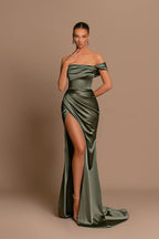 Elegante vestido de fiesta formal de satén con un solo hombro y corte sirena con abertura