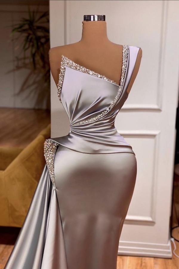 Robe de bal élégante longue sirène en satin, asymétrique et sans manches