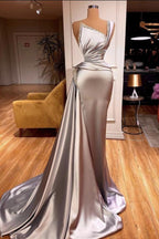 Robe de bal élégante longue sirène en satin, asymétrique et sans manches