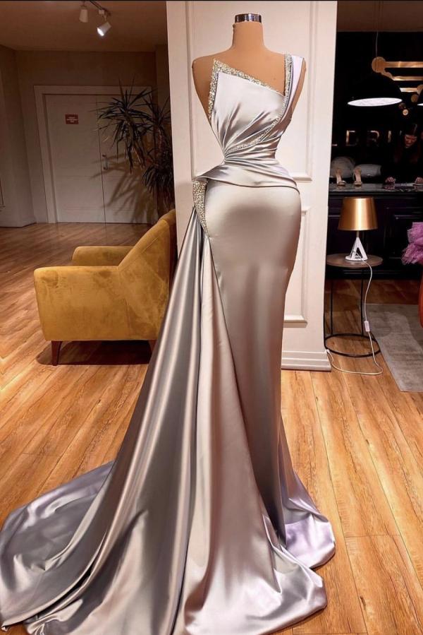 Robe de bal élégante longue sirène en satin, asymétrique et sans manches