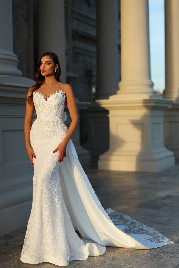 Elegantes vestidos de novia largos de sirena sin mangas con encaje