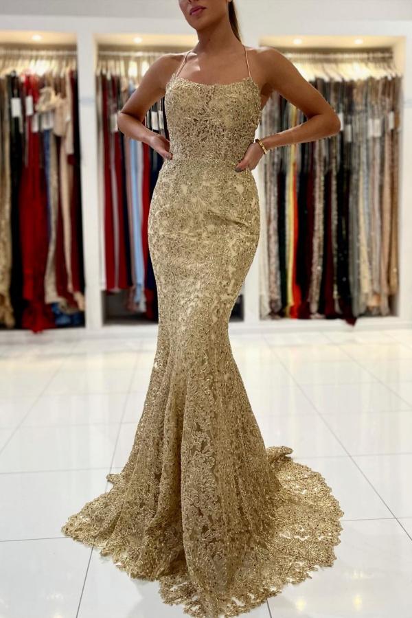 Robe de bal élégante longue sirène à fines bretelles spaghetti, dos nu, ornée d'appliques en dentelle