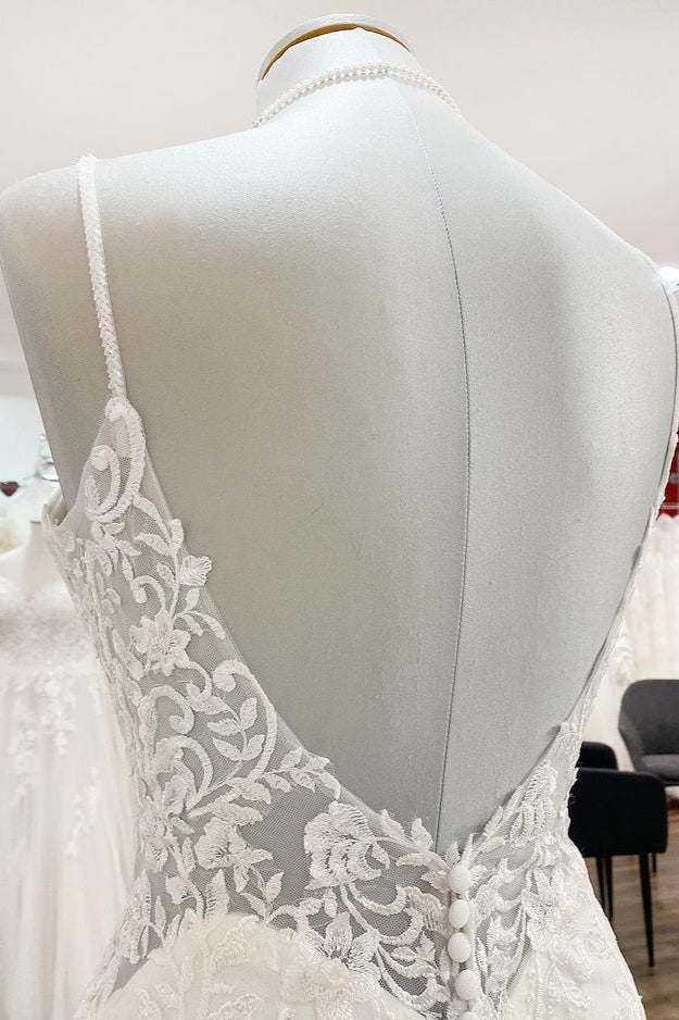 Abito da sposa elegante lungo a sirena con spalline sottili, pizzo, raso e schiena scoperta