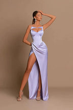 Vestido Formal de Cetim Elegante Comprido com Alças Finas Estilo Sereia e Fenda
