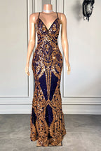Elegante vestido de fiesta largo de sirena con tirantes finos, escote en V y encaje sin mangas