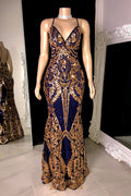 Elegante vestido de fiesta largo de sirena con tirantes finos, escote en V y encaje sin mangas