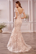 Robe de bal longue élégante sirène à décolleté cœur, dos nu, en dentelle avec manches