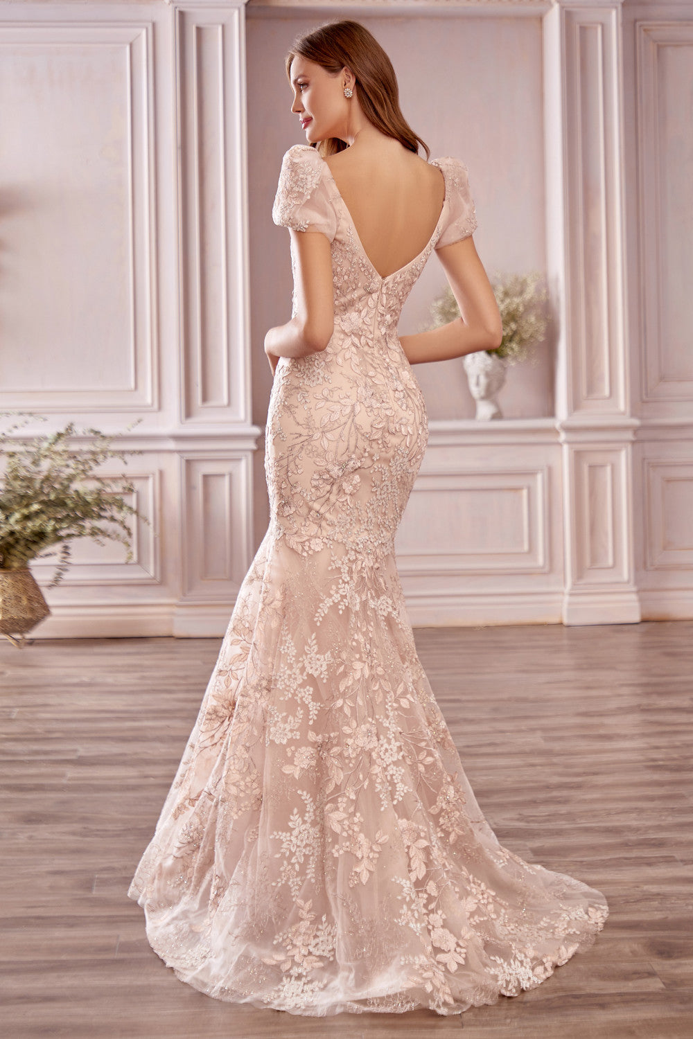 Robe de bal longue élégante sirène à décolleté cœur, dos nu, en dentelle avec manches