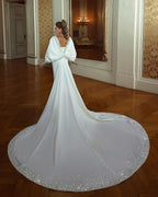 Vestido de Noiva Elegante Longo Cauda de Sereia com Decote Coração, Mangas Compridas e Bordados, com Cauda