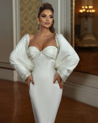 Vestido de Noiva Elegante Longo Cauda de Sereia com Decote Coração, Mangas Compridas e Bordados, com Cauda