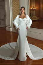 Vestido de Noiva Elegante Longo Cauda de Sereia com Decote Coração, Mangas Compridas e Bordados, com Cauda