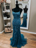Robes de bal formelles élégantes longues sirène en tulle avec dos ouvert en dentelle
