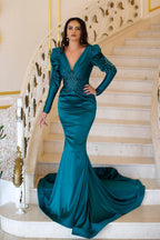 Vestido de Baile Elegante Comprido Cauda de Sereia com Decote em V e Bordados com Mangas Compridas