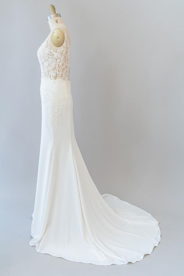 Vestido de Noiva Elegante Comprido Cauda de Sereia com Decote em V, Renda e Costas Descobertas