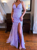 Robes de bal longues élégantes en dentelle à col en V style sirène avec fente