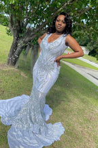 Vestido largo elegante de sirena sin mangas con escote en V para fiesta con apliques