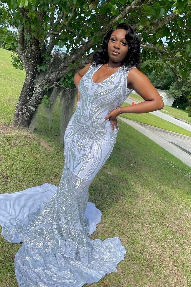 Vestido largo elegante de sirena sin mangas con escote en V para fiesta con apliques