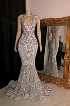 Vestido largo elegante de sirena sin mangas con escote en V para fiesta con apliques
