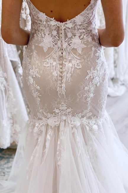 Abiti da sposa eleganti lunghi a sirena con scollo a V e senza maniche in pizzo