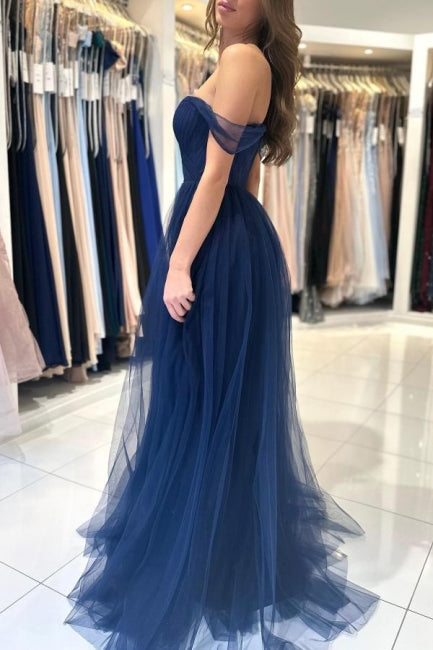 Vestidos de Baile Elegantes Longos Azul-marinho Ombro a Ombro em Linha A sem Mangas