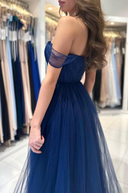Vestidos de Baile Elegantes Longos Azul-marinho Ombro a Ombro em Linha A sem Mangas
