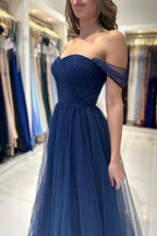 Vestidos de Baile Elegantes Longos Azul-marinho Ombro a Ombro em Linha A sem Mangas