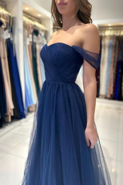 Vestidos de Baile Elegantes Longos Azul-marinho Ombro a Ombro em Linha A sem Mangas
