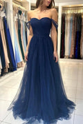 Vestidos de Baile Elegantes Longos Azul-marinho Ombro a Ombro em Linha A sem Mangas