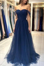 Vestidos de Baile Elegantes Longos Azul-marinho Ombro a Ombro em Linha A sem Mangas